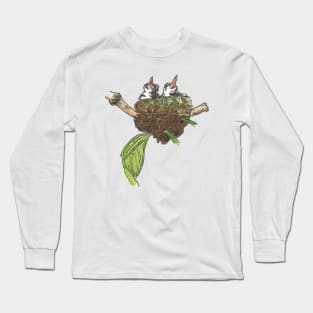 Baby Birds In Their Nest - pen and watercolour painting Long Sleeve T-Shirt